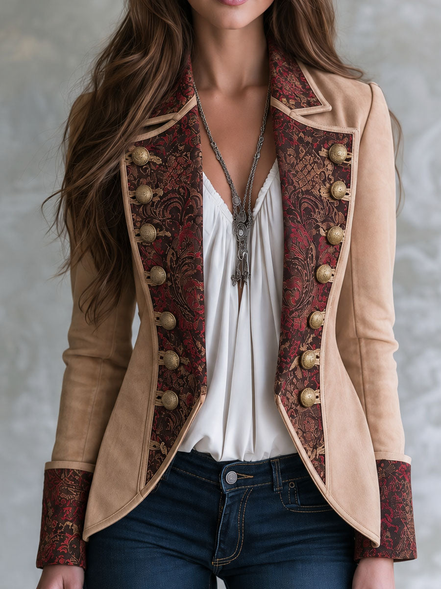 Retro Baroque Pattern Camel Microsuede Double Breasted Blazer