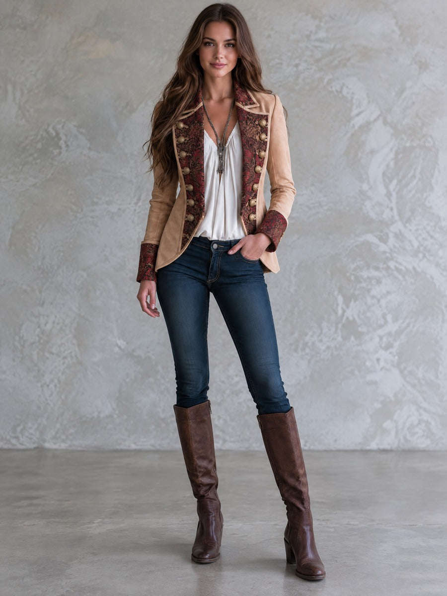 Retro Baroque Pattern Camel Microsuede Double Breasted Blazer