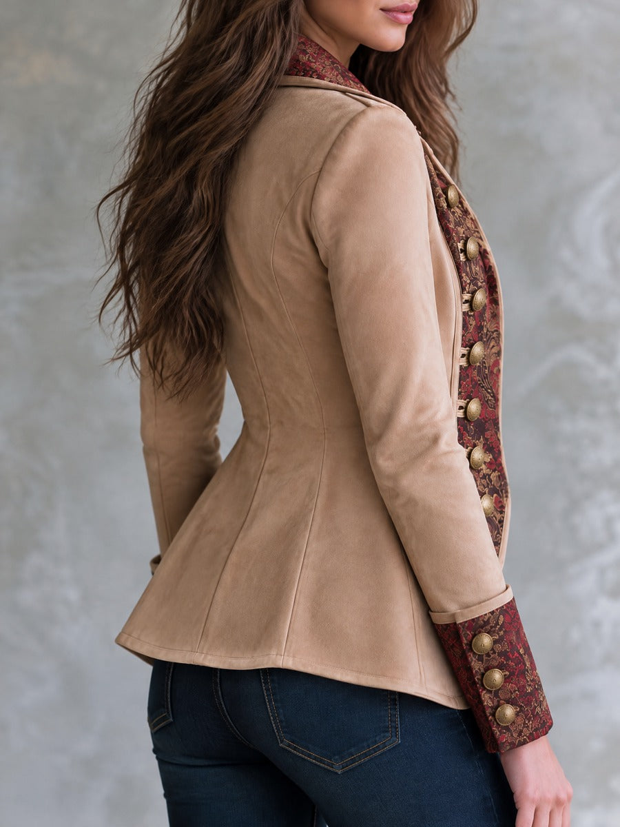 Retro Baroque Pattern Camel Microsuede Double Breasted Blazer