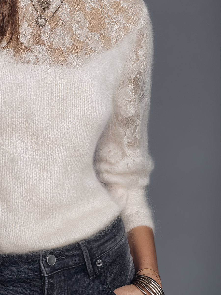 Romantic Ivory Floral Lace Yoke Soft Knit Sweater