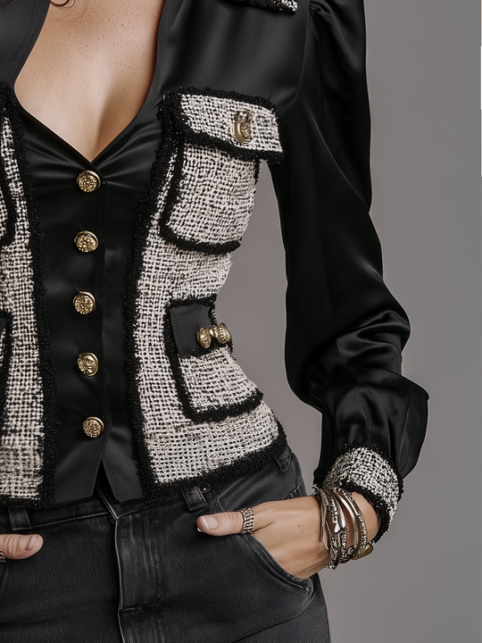 Vintage Black And White Tweed Panel Button Front Blouse