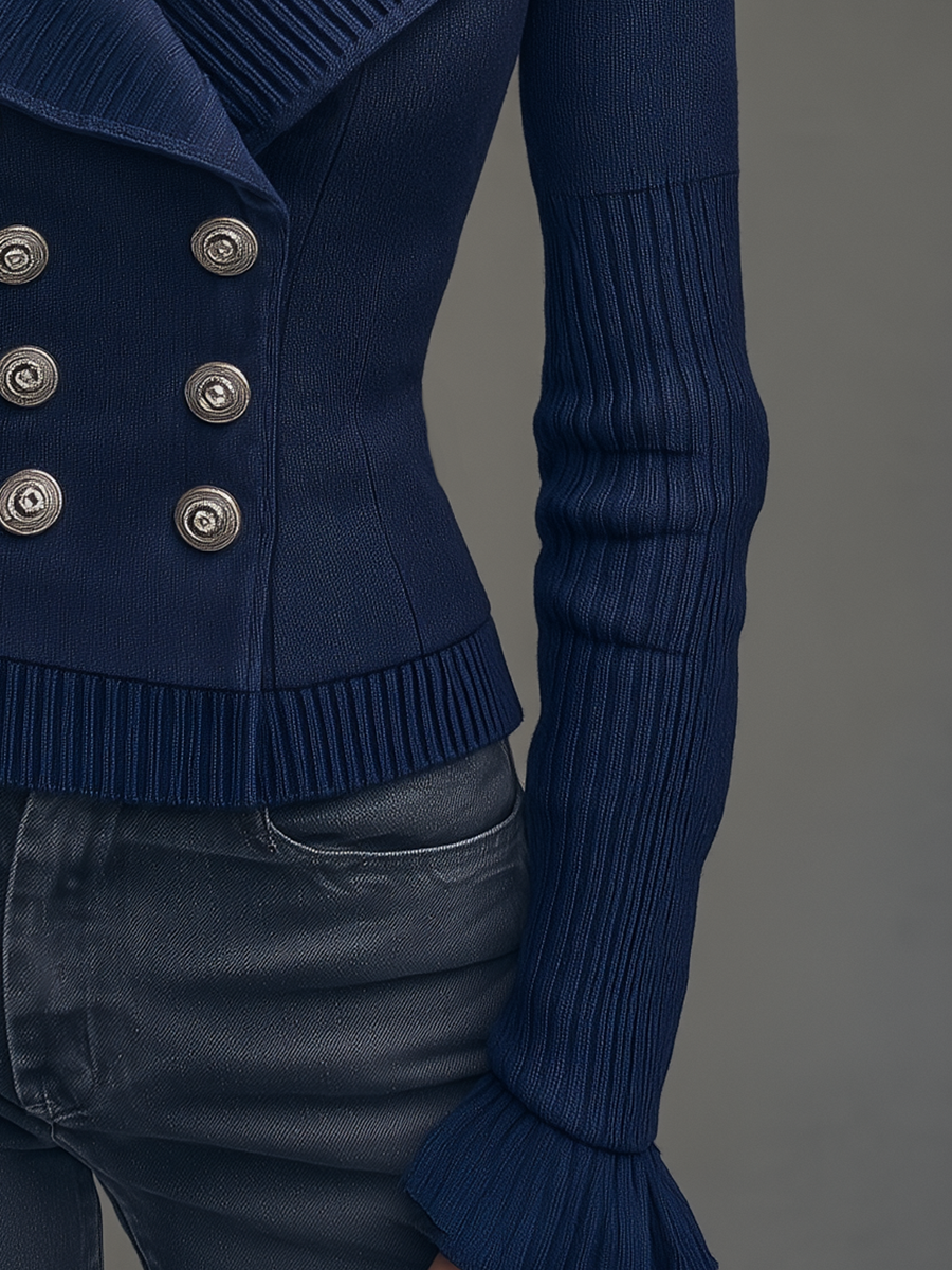 Classic Navy Blue Ribbed Lapel Double Breasted Knit Jacket