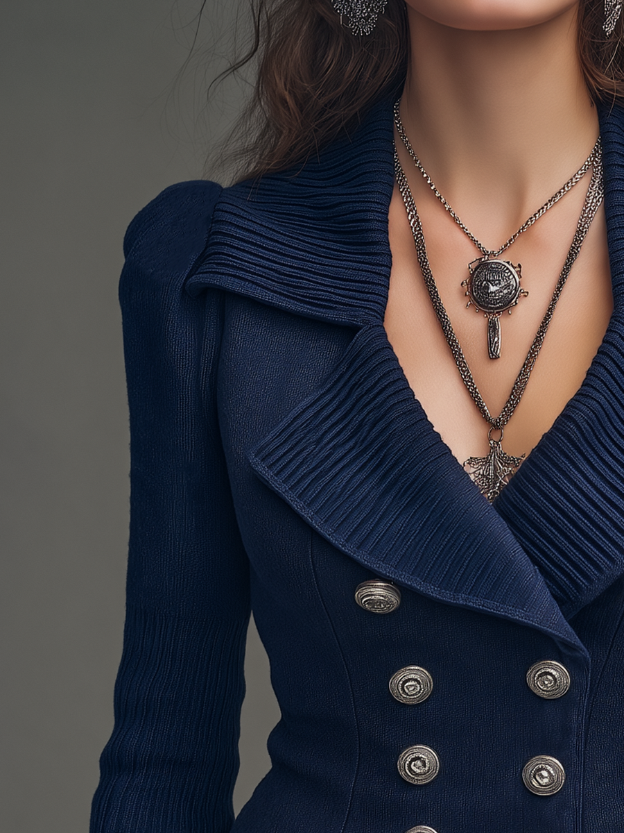 Classic Navy Blue Ribbed Lapel Double Breasted Knit Jacket