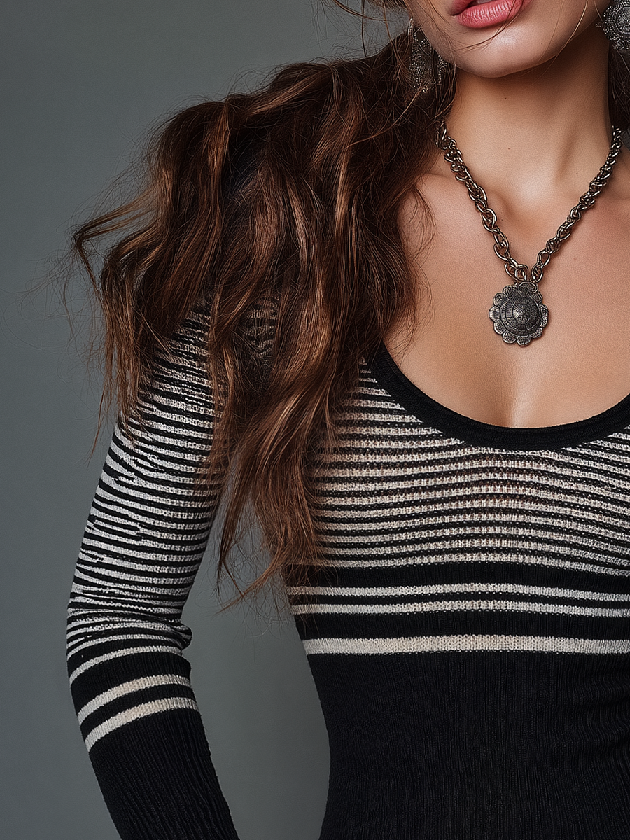Classic Black And White Striped Scoop Neck Flared Sleeve Knit Top