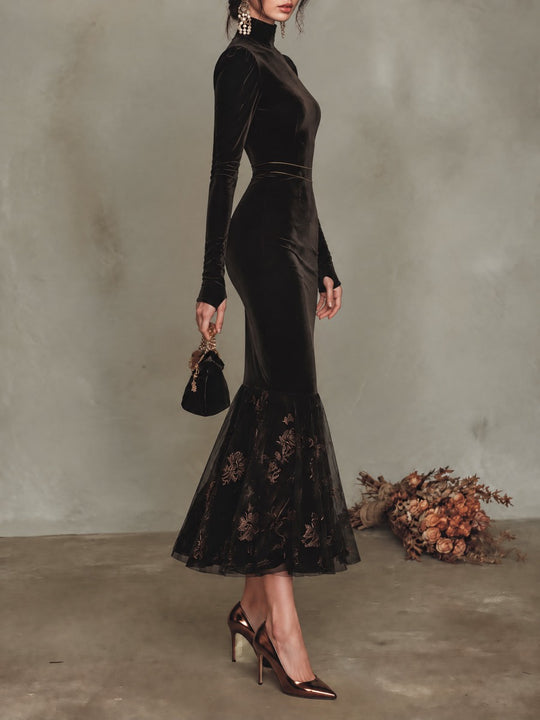 Black Velvet Mock Neck Long Sleeve Bodycon Mermaid Midi Dress with Floral Mesh Hem