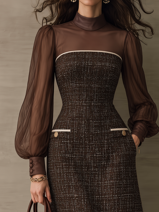 Elegant Chocolate Brown Sheer Sleeve Tweed Maxi Dress
