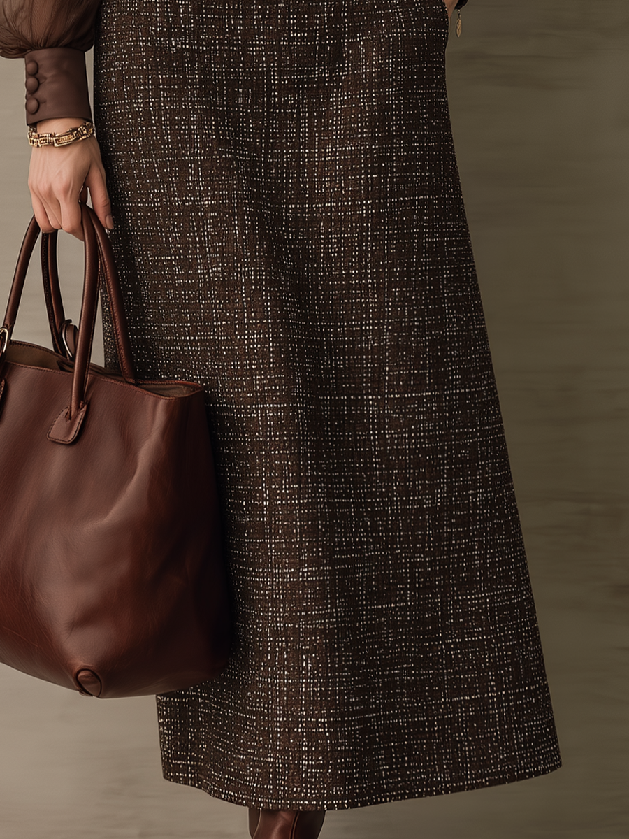 Elegant Chocolate Brown Sheer Sleeve Tweed Maxi Dress