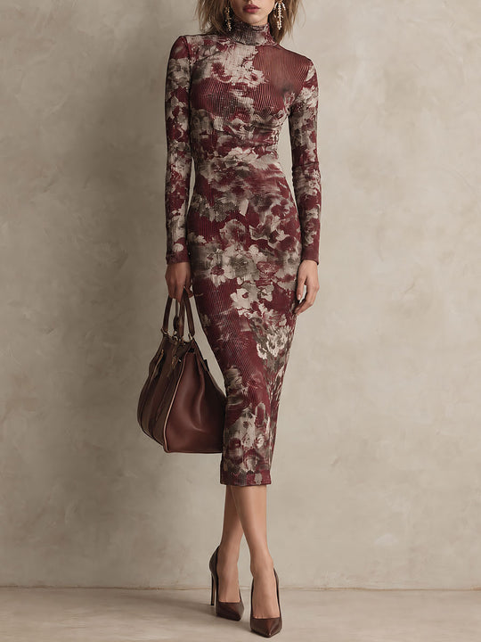 Retro Burgundy Floral Print Ribbed Turtleneck Long Sleeve Bodycon Midi Dress