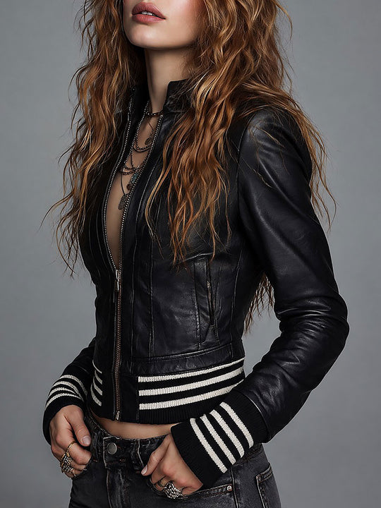 Women's Cropped Black Leather-Look Zip-Up Jacket with Striped Rib Hem