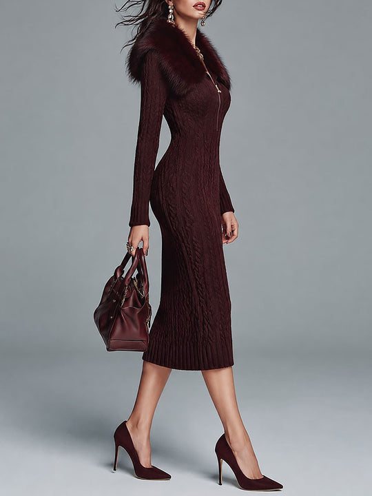 Retro Burgundy Cable Knit Half Zip Midi Dress with Faux Fur Collar