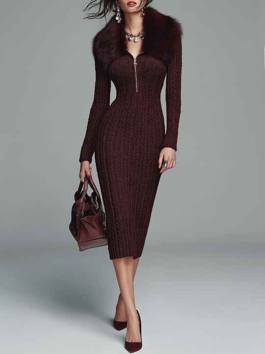 Retro Burgundy Cable Knit Half Zip Midi Dress with Faux Fur Collar