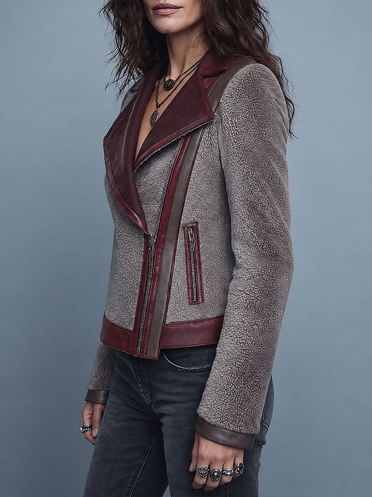 Retro Gray Faux Shearling Moto Jacket with Asymmetric Zip