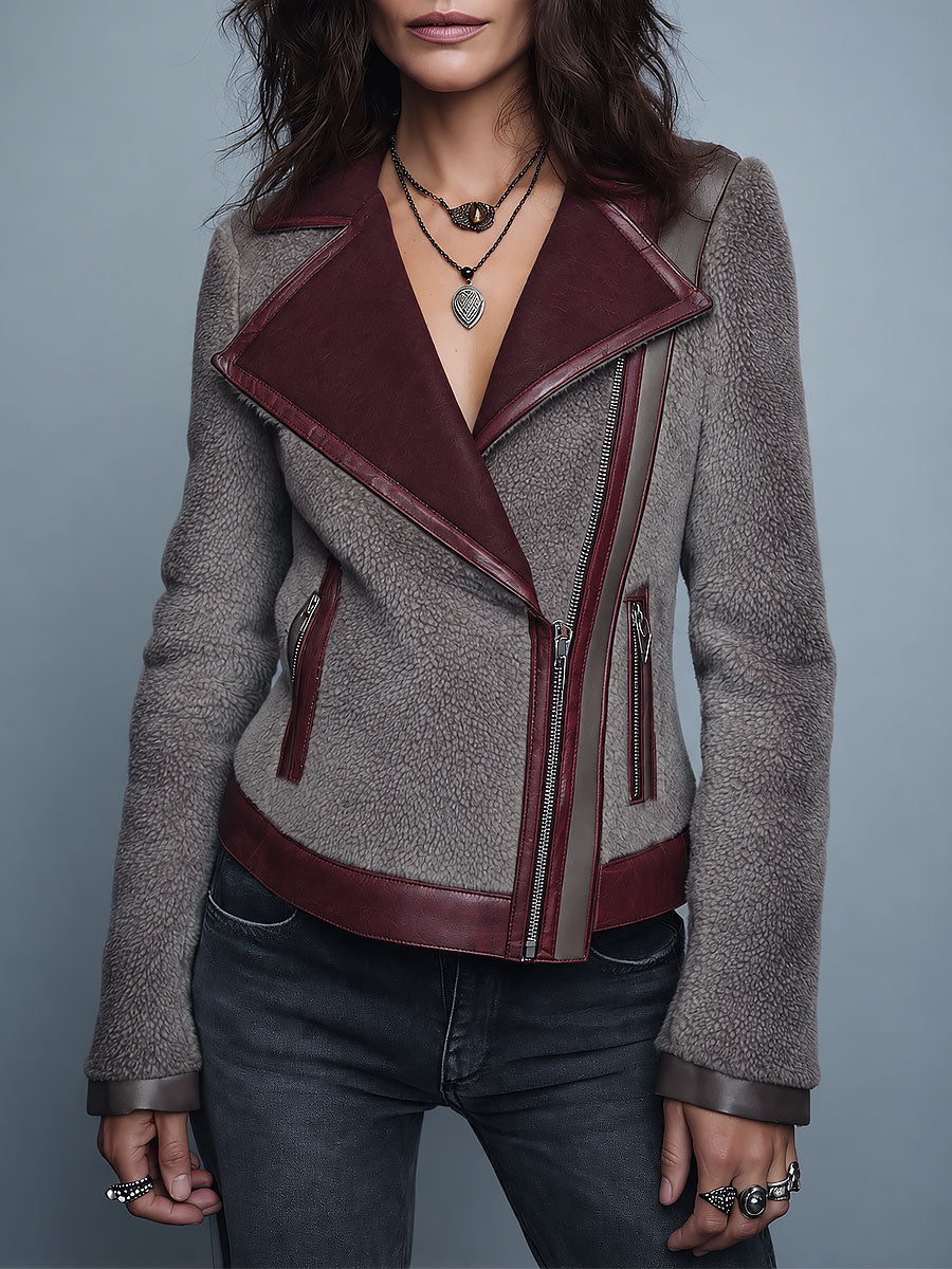 Retro Gray Faux Shearling Moto Jacket with Asymmetric Zip