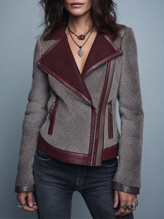 Retro Gray Faux Shearling Moto Jacket with Asymmetric Zip