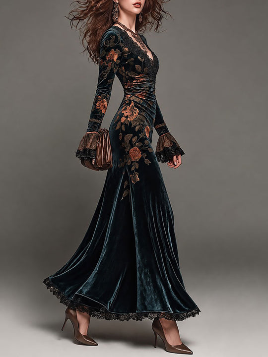 elegant Dark Teal Velvet Floral Print Ruched Waist Maxi Dress with Lace V-Neck