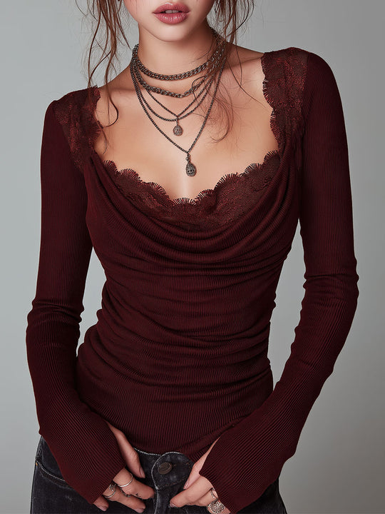 Burgundy Lace Trim Cowl Neck Ribbed Long Sleeve Slim Fit T-shirt