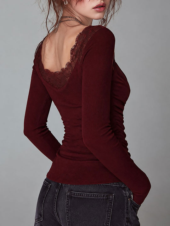 Burgundy Lace Trim Cowl Neck Ribbed Long Sleeve Slim Fit T-shirt