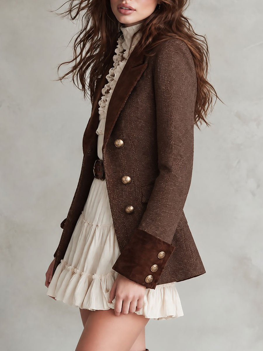 Boho Suede-Trim Double-Breasted Herringbone Blazer