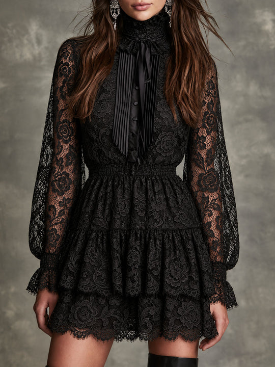 Retro Black Floral Lace Bow Tie High Neck Mini Dress With Tiered Ruffle Skirt