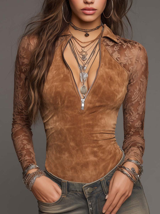 Vintage Zip Front Floral Lace Long Sleeves Faux Suede Blouse