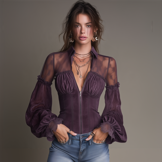 Vintage Lace Panel Zip-Front Collared Blouse