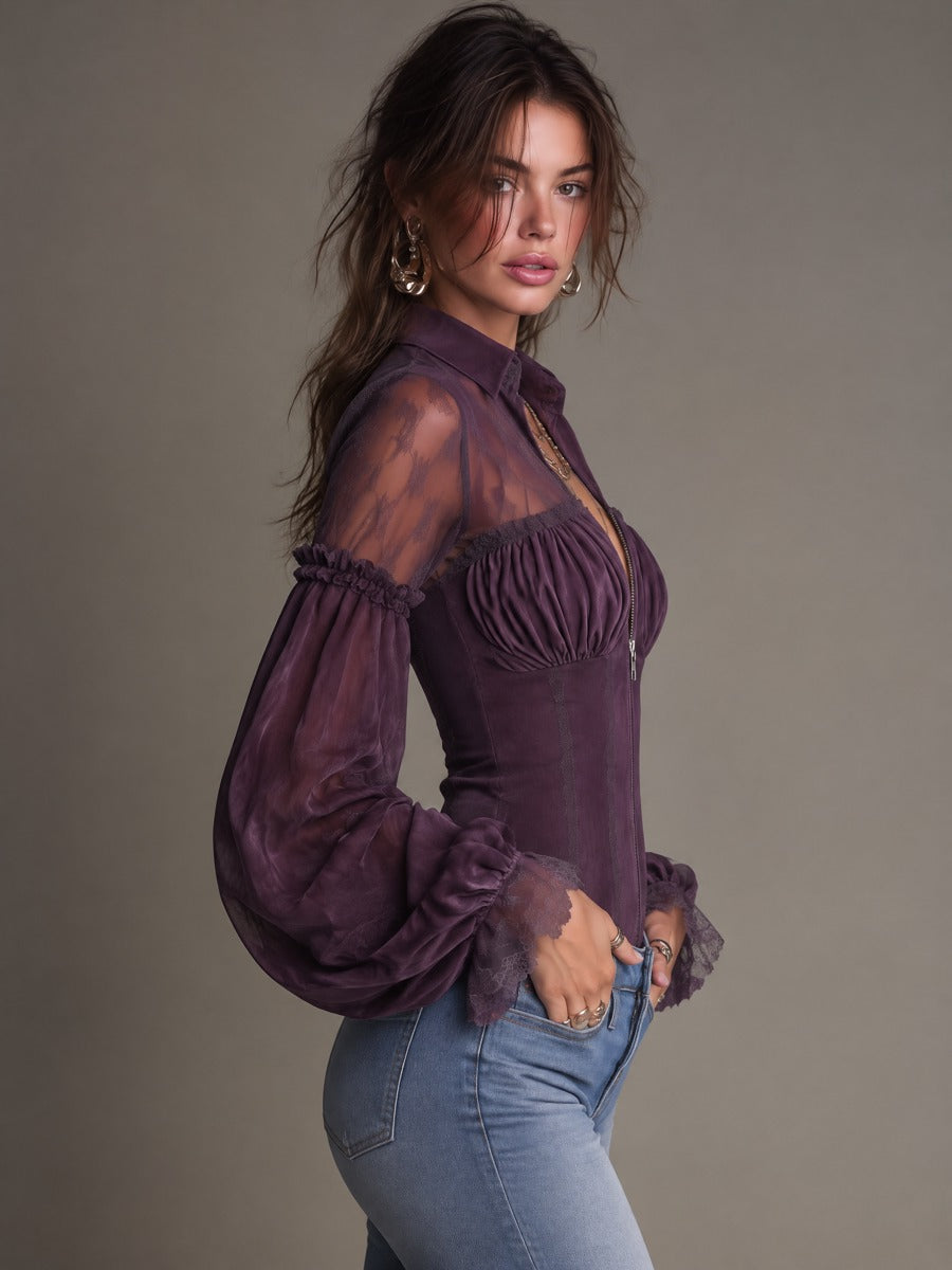 Vintage Lace Panel Zip-Front Collared Blouse