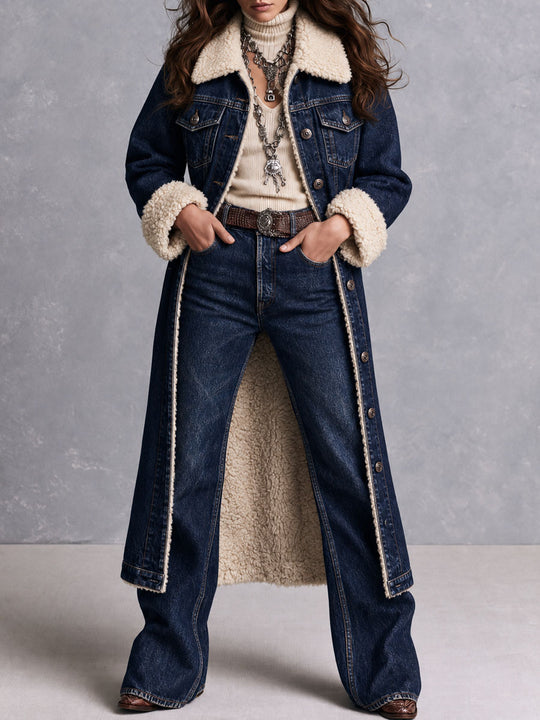 Dark Indigo Wash Longline Denim Coat With Cream Faux Shearling Lining