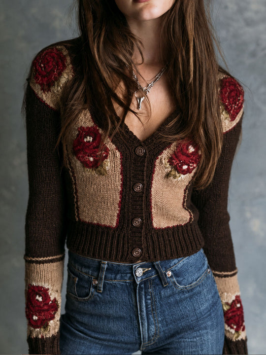 Vintage Rose Pattern Button Front Knit Cardigan