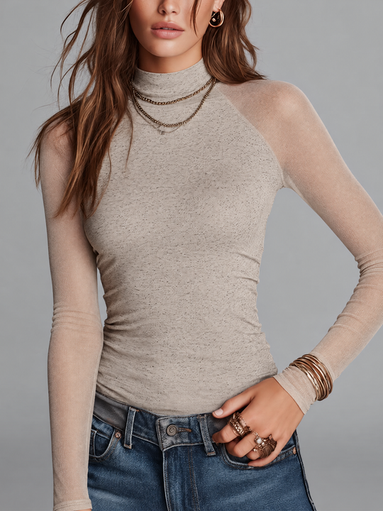 Women's Oatmeal Heather Mock Neck Slim Fit Top With Sheer Mesh Raglan Long Sleeves