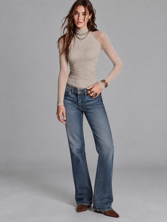 Women's Oatmeal Heather Mock Neck Slim Fit Top With Sheer Mesh Raglan Long Sleeves
