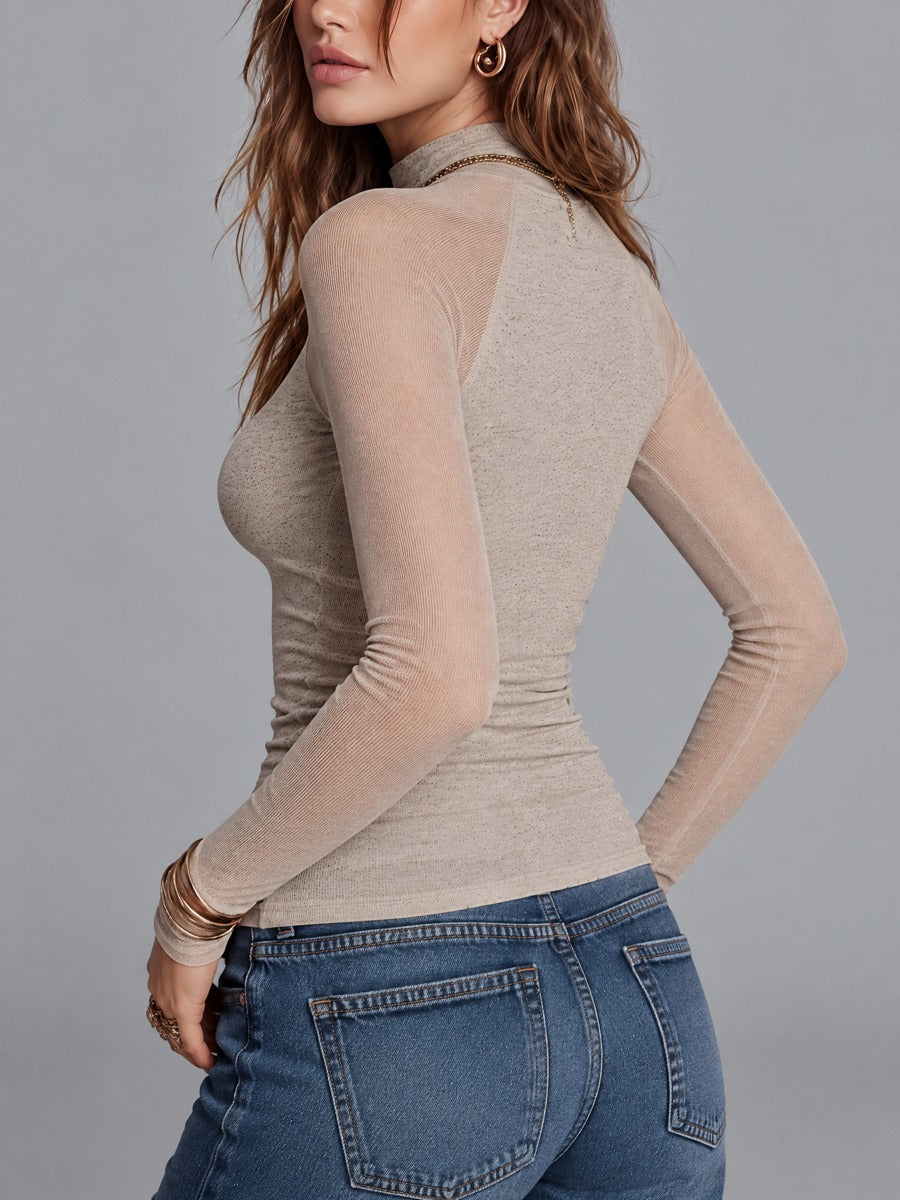 Women's Oatmeal Heather Mock Neck Slim Fit Top With Sheer Mesh Raglan Long Sleeves
