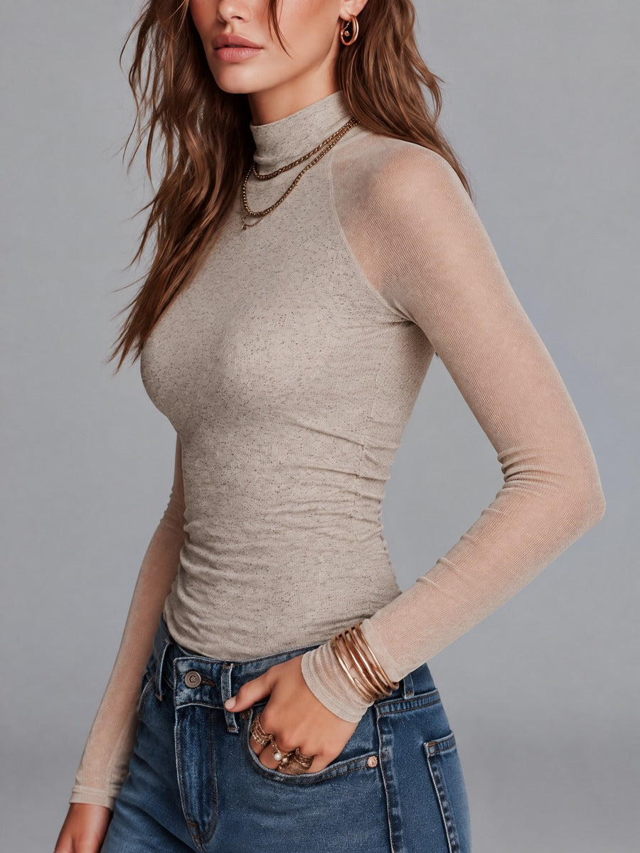Women's Oatmeal Heather Mock Neck Slim Fit Top With Sheer Mesh Raglan Long Sleeves