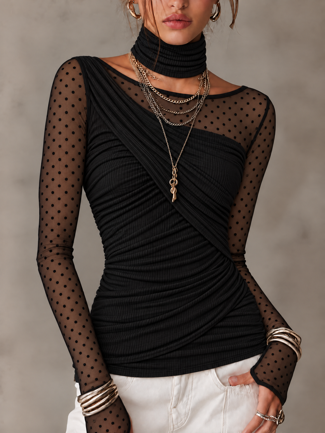 Women's Black Ruched Ribbed Knit Top with Sheer Polka Dot Mesh Long Sleeves