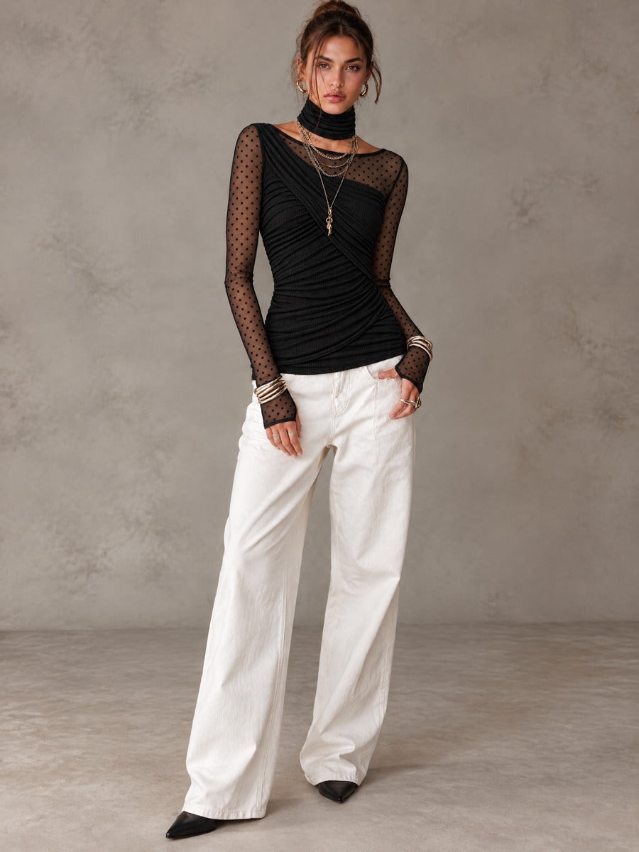 Women's Black Ruched Ribbed Knit Top with Sheer Polka Dot Mesh Long Sleeves