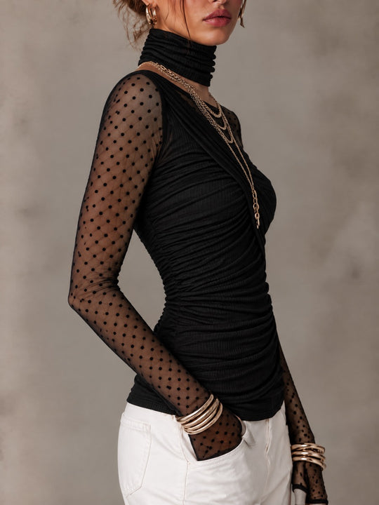 Women's Black Ruched Ribbed Knit Top with Sheer Polka Dot Mesh Long Sleeves
