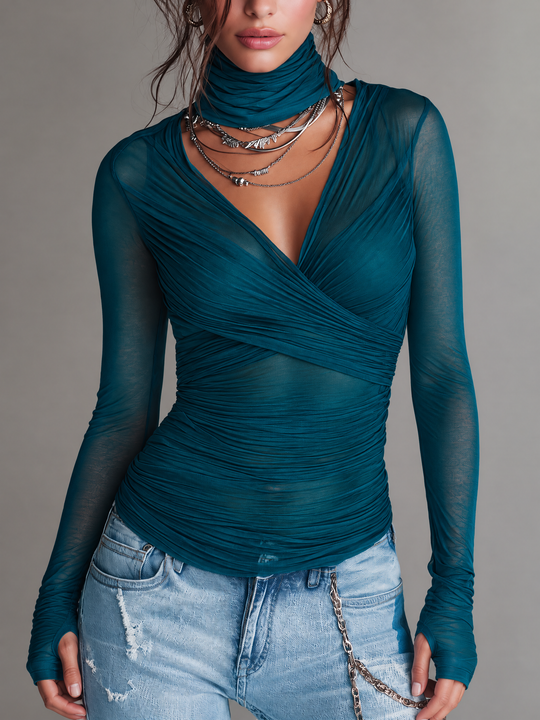 Women's Teal Sheer Mesh Ruched Wrap Mock Neck Top With Thumbhole Long Sleeves