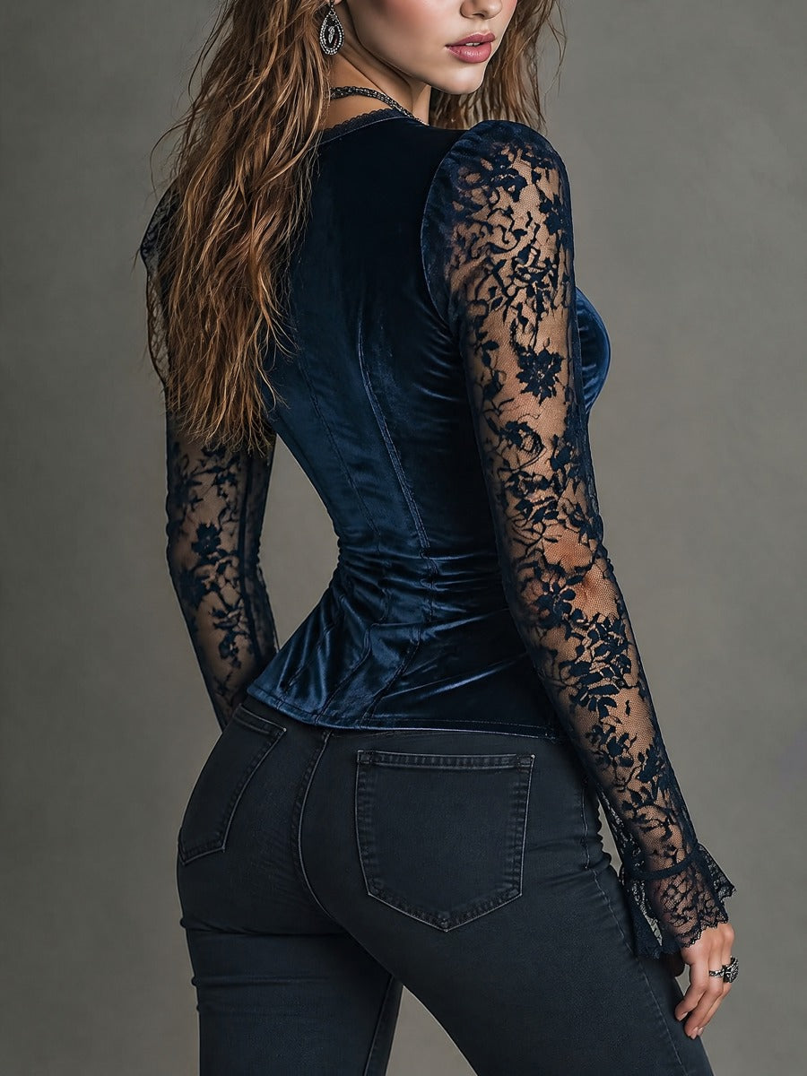 Women's Navy Velvet Corset Top With Sheer Floral Lace Button Front Sweetheart Neck