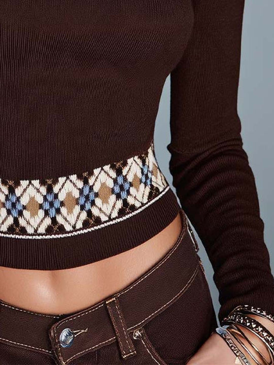 Ribbed Knit Top With Vintage-style Pattern Accents