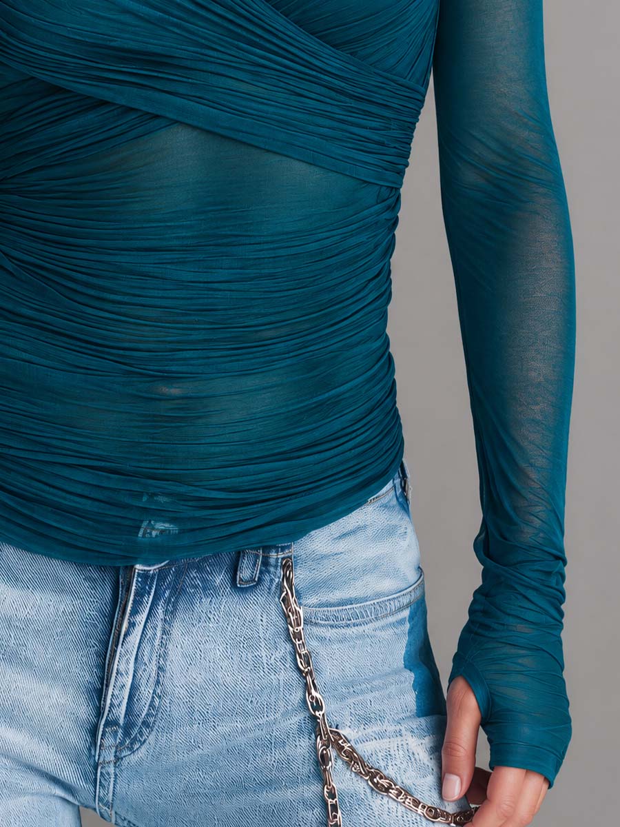 Women's Teal Sheer Mesh Ruched Wrap Mock Neck Top With Thumbhole Long Sleeves