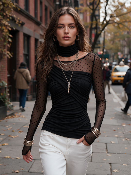 Women's Black Ruched Ribbed Knit Top with Sheer Polka Dot Mesh Long Sleeves