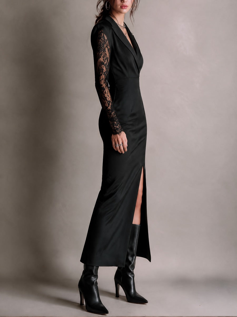 Women's Black Blazer Midi Dress with Lapel Collar, Deep V Neck, Lace Long Sleeves and Front Slit