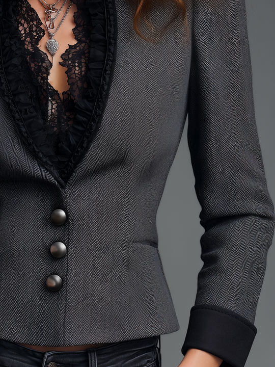 Vintage Charcoal Gray Herringbone Lace Trim Fitted Blazer