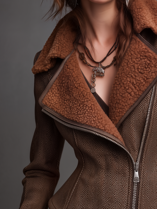 Vintage Cognac Brown Herringbone Faux Shearling Collar Jacket
