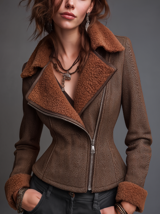 Vintage Cognac Brown Herringbone Faux Shearling Collar Jacket