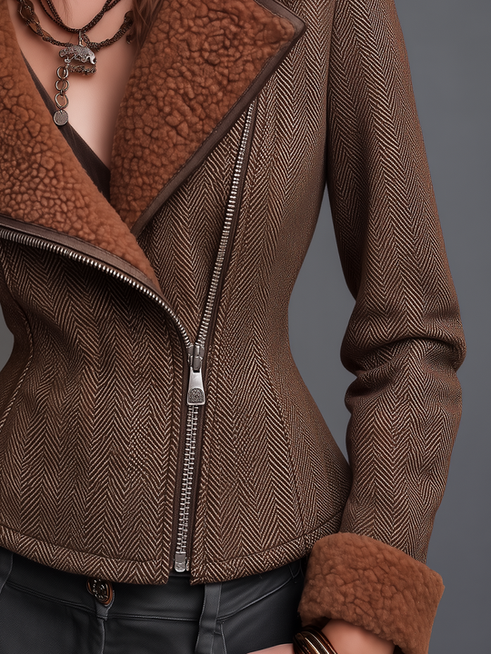 Vintage Cognac Brown Herringbone Faux Shearling Collar Jacket