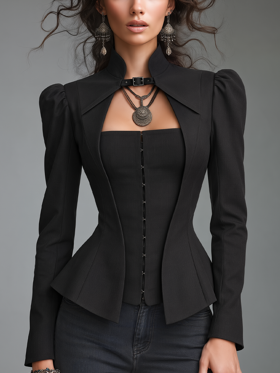 Elegant Black High Neck Buckle Detail Peplum Blazer