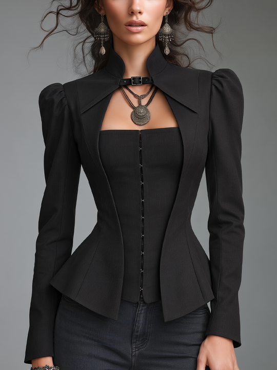 Elegant Black High Neck Buckle Detail Peplum Blazer