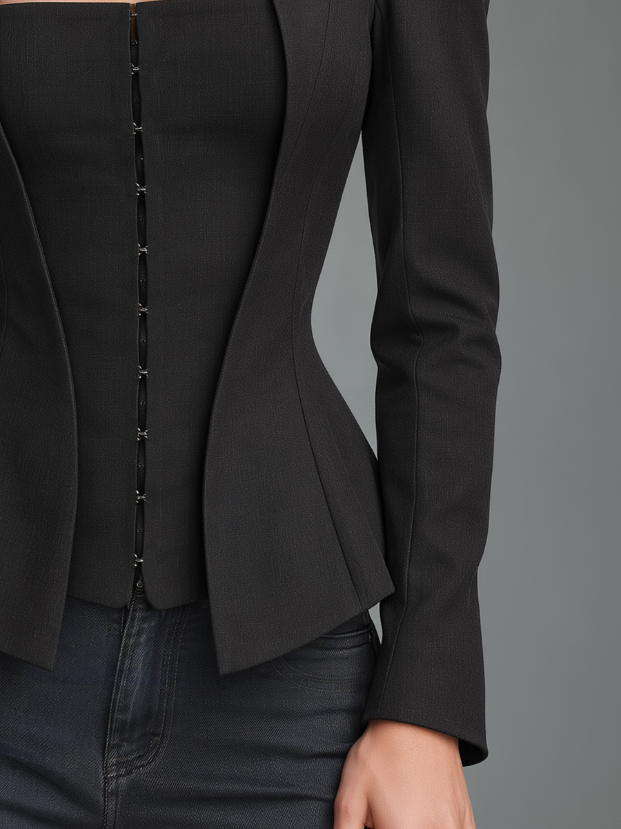 Elegant Black High Neck Buckle Detail Peplum Blazer