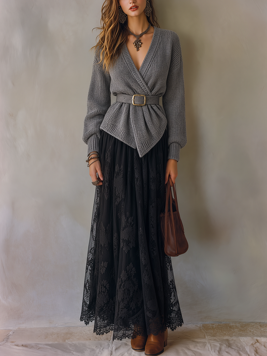 Elegant Heather Gray Wrap Knit Cardigan And Black Lace Maxi Skirt Set