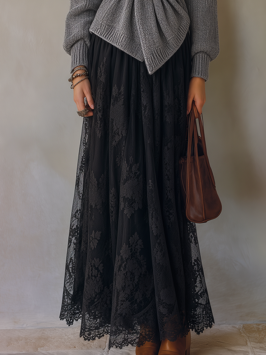 Elegant Heather Gray Wrap Knit Cardigan And Black Lace Maxi Skirt Set